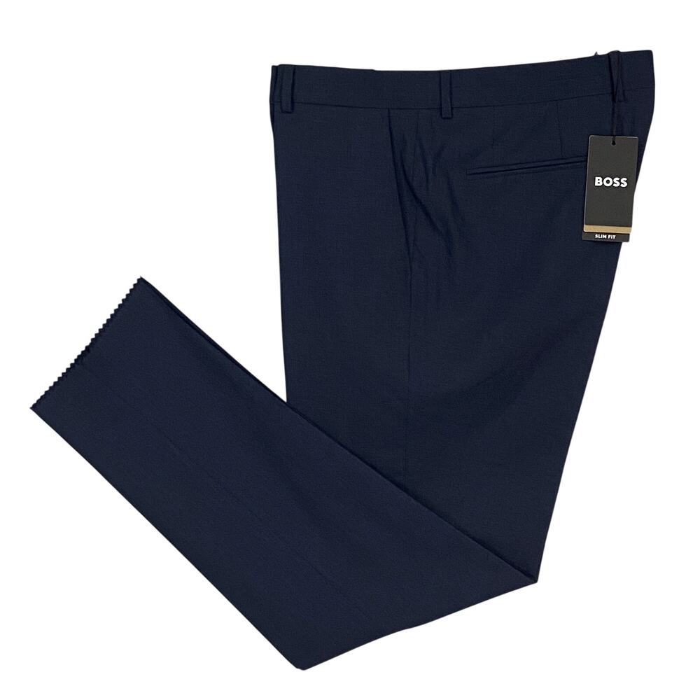 Boss Dress Pants Men's 38x33 Slim Fit Dark Blue Wool Blend Raw Hem Stretch NEW